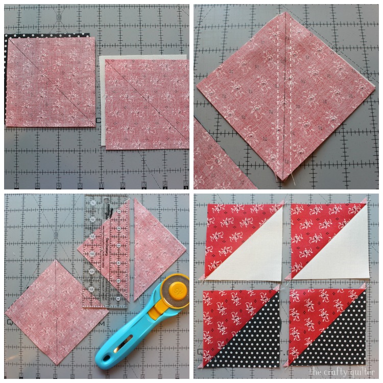 Quarter square triangle tutorial @ The Crafty Quilter.  Learn how to make perfect QST units every time and it includes an oversized cutting chart that you can download!