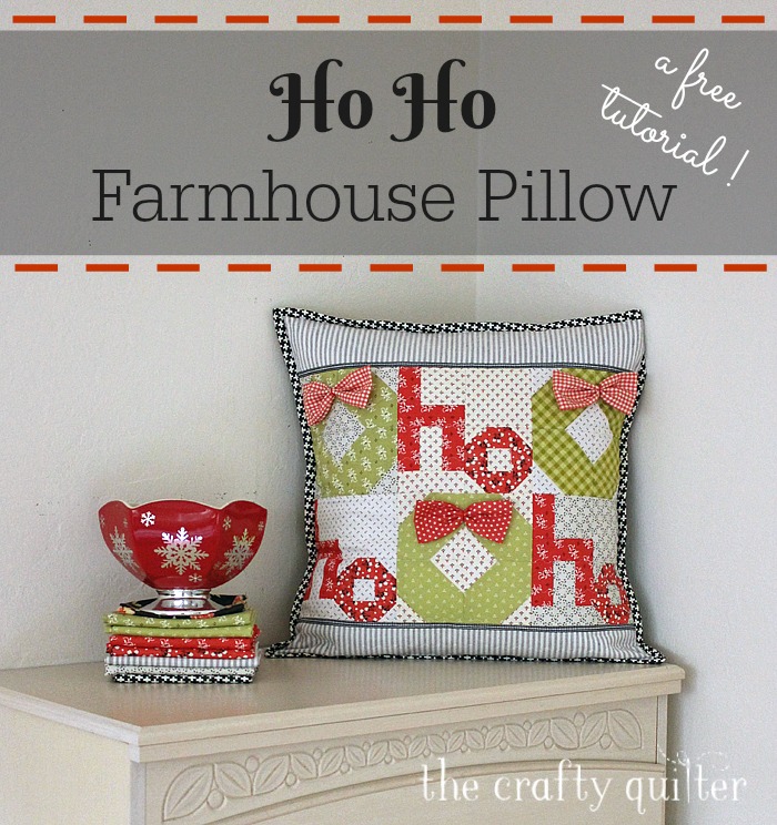 Ho Ho Farmhouse Pillow Tutorial at The Crafty Quilter. 18" square pillow is a perfect addition to your holiday decor.