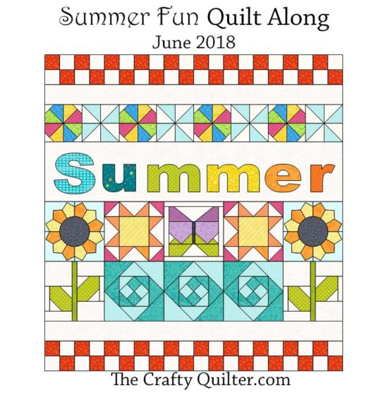 The FREE Summer Fun Quilt Along starts June 1, 2018 at The Crafty Quilter.com This is a 30" x 32" wall hanging designed to add some sunshine to your space!