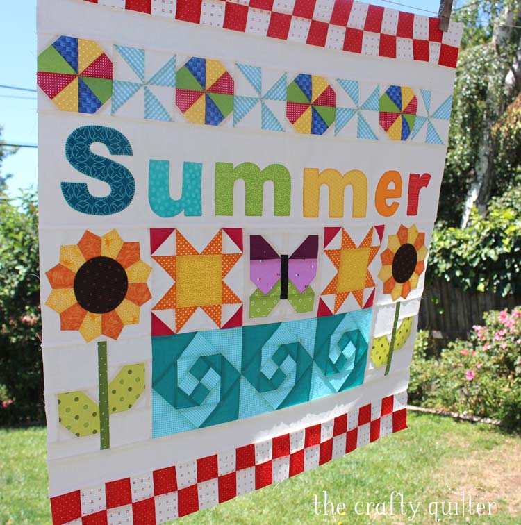 The Summer Fun Quilt Along @ The Crafty Quilter creates a bright and happy wall hanging that measures 30" x 32". Week 5 instructions include the SUMMER applique section and finishing instructions.