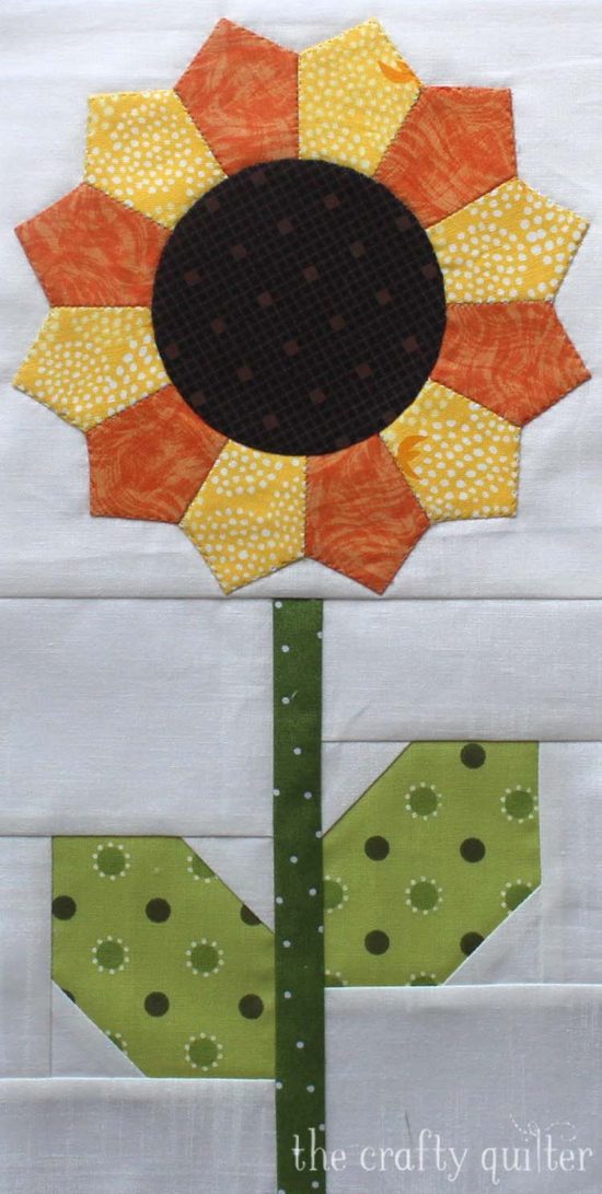 The Summer Fun Quilt Along @ The Crafty Quilter creates a bright and happy wall hanging that measures 30" x 32". Week 3 instructions include several ways to make the sunflower block and the stem block.
