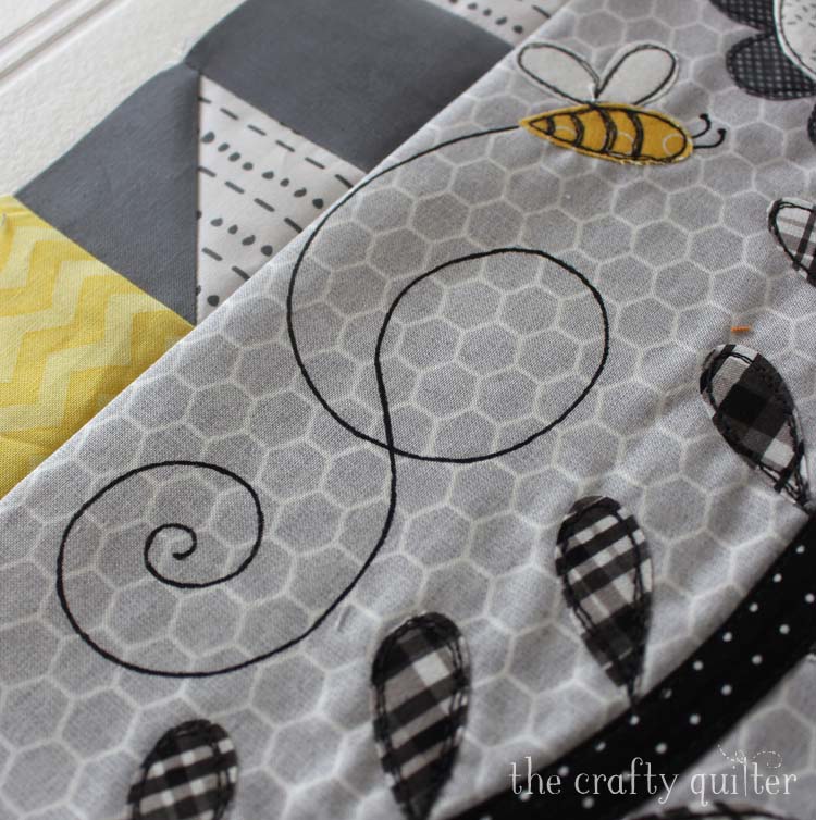 Save The Bees block of the month designed by Jacquelynne Steves. Month 1 block featuring sketch applique made by Julie Cefalu @ The Crafty Quilter