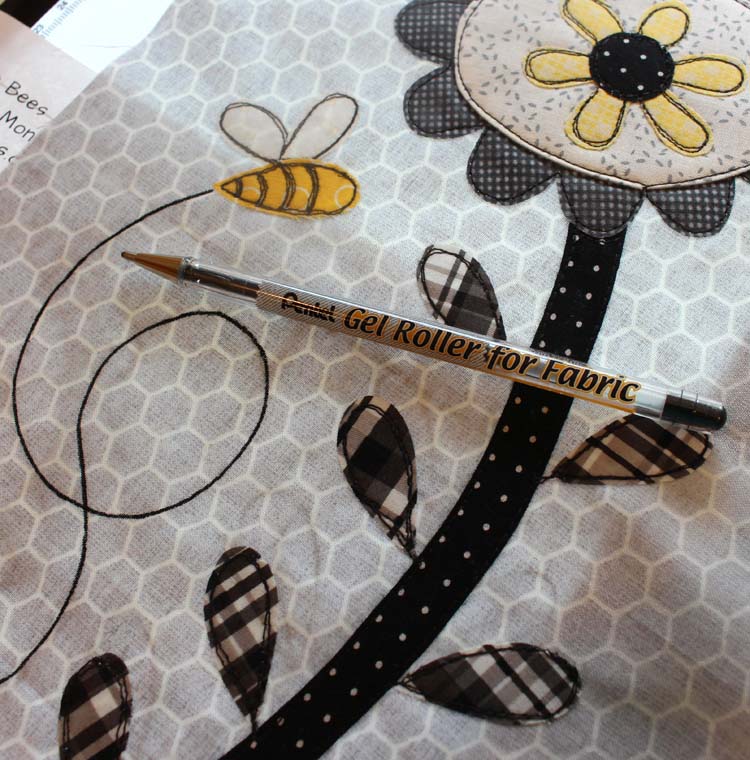 Save the Bees block made by Julie Cefalu @ The Crafty Quilter. Using a Pentel Gel Roller in place of hand embroidery.