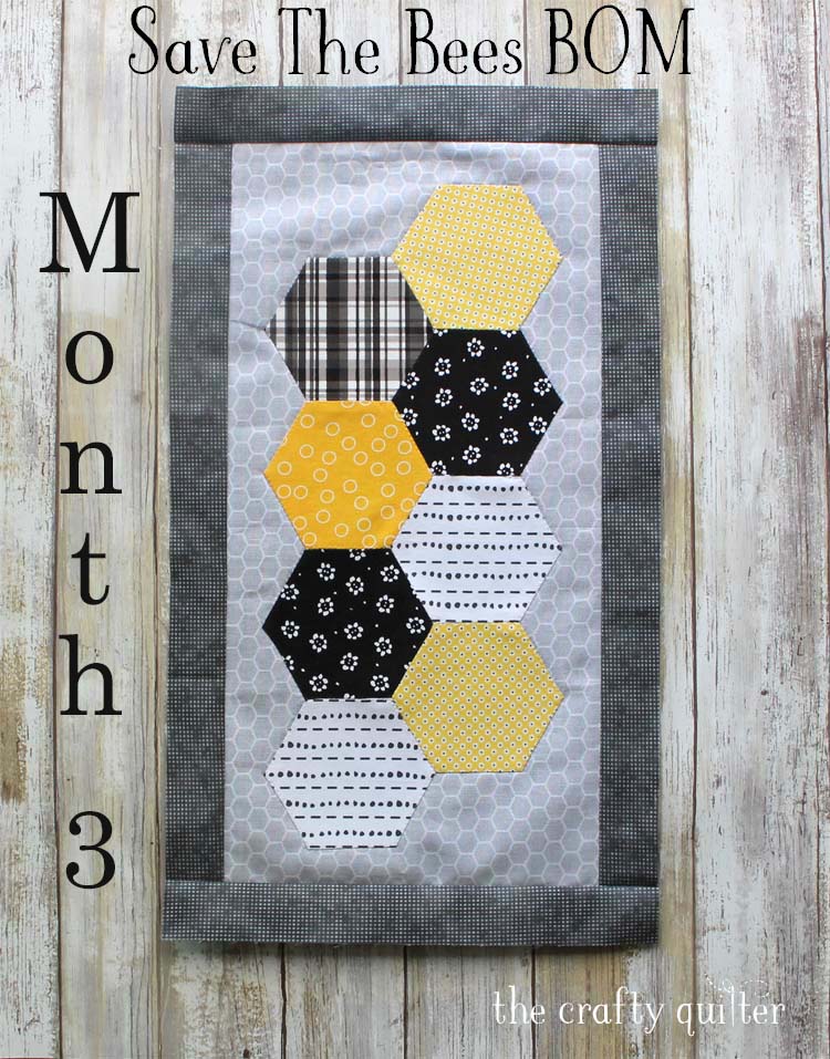 Month 3 of the Save The Bees BOM by Jacquelynne Steves. This block is made by Julie Cefalu @ The Crafty Quilter using machine pieced hexagons and invisible applique.