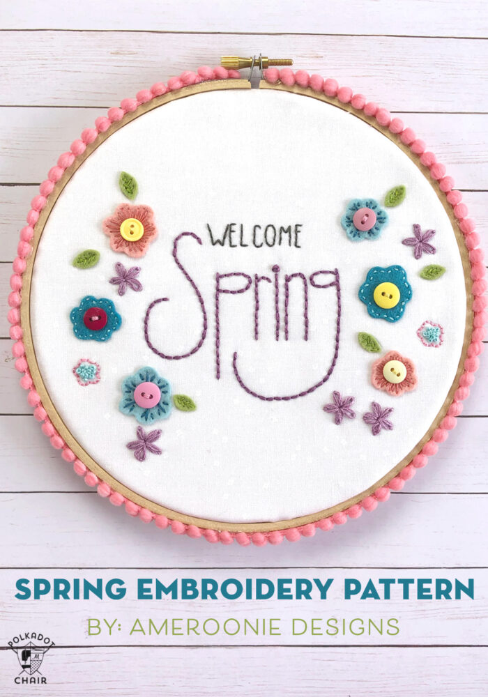 Welcome Spring Embroidery Pattern by Ameroonie Designs; featured on Sew Thankful Sunday @ The Crafty Quilter