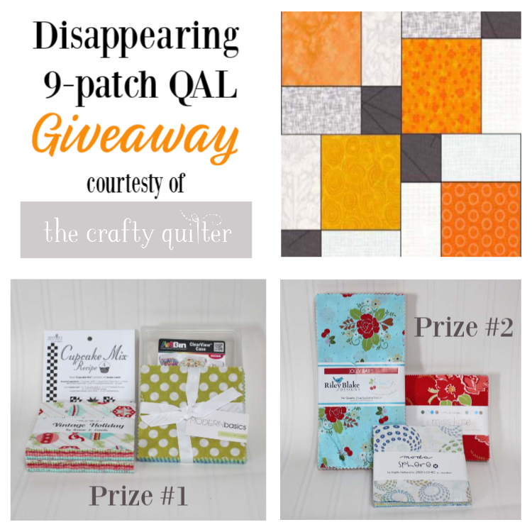 Disappearing 9-patch QAL, week 5 link up and giveaway @ The Crafty Quilter.