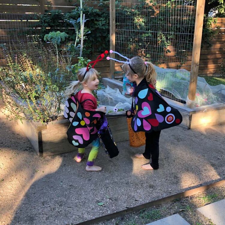 Clara and Amelia at their scavenger hunt for Halloween 2020.