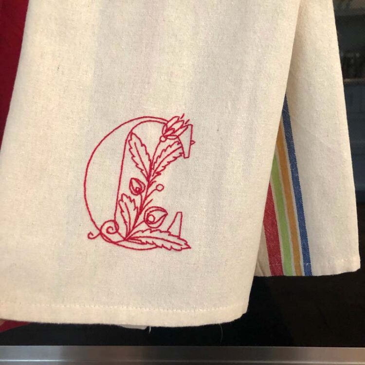 Monogrammed dish towel made by Linda H. for Julie @ The Crafty Quilter
