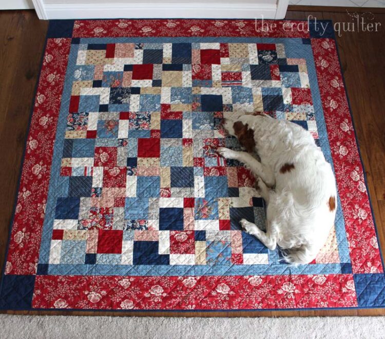 Disappearing nine patch quilt made by Julie Cefalu @ The Crafty Quilter and her helper Cooper