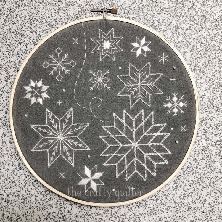 Snowflake Stitch Sampler Embroidery Kit by Beth Colletti.  Sample made by Julie Cefalu @ The Crafty Quilter.