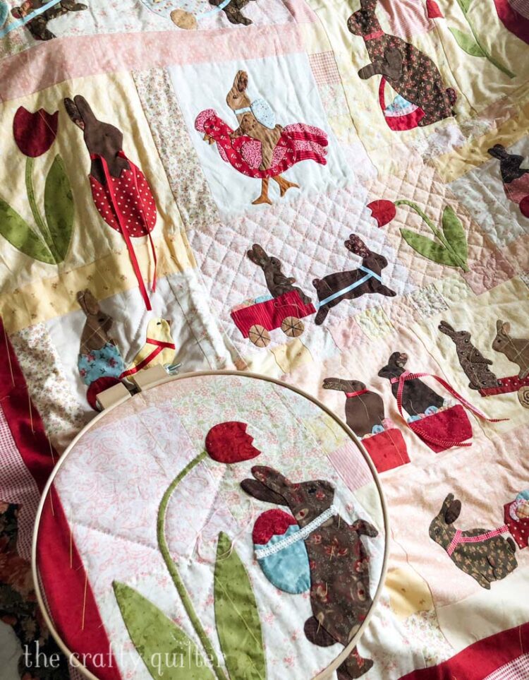 This hand stitching project is finally getting to be hand quilted.  Pattern is Rabbits Prefer Chocolate by Bunny Hill Designs.  Made by Julie Cefalu @ The Crafty Quilter.