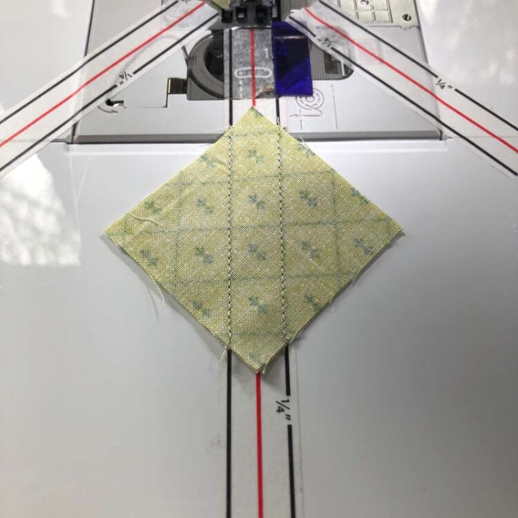 The Crafty Quilter share a great tip to use Diagonal Seam Tape more effectively when lining up the starting edge of a diagonal seam. 