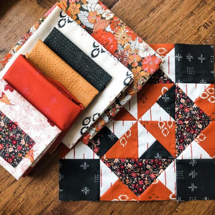 Favorite fall fabric collection!  Kismet by Sharon Holland for Art Gallery Fabrics.  Quilt block made by Julie Cefalu.  Pattern from Red at Night 2 BOM by Bound to be Quilting.