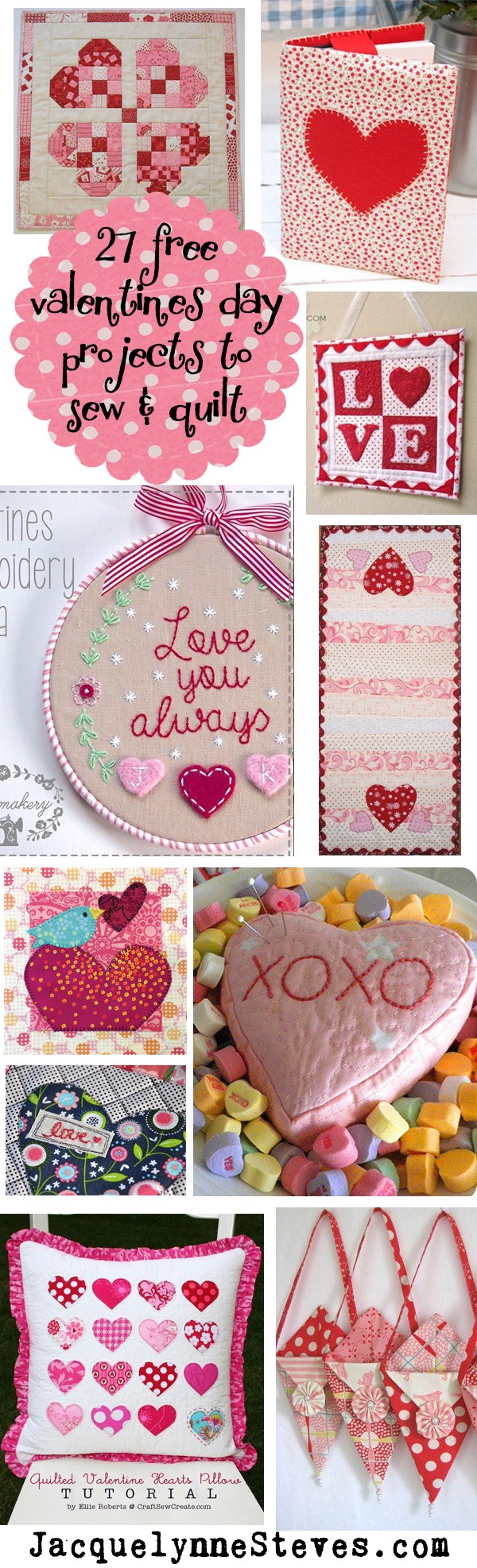 27 Free Valnetine's Day Projects to Sew and Quilt @ Jacquelynne Steves