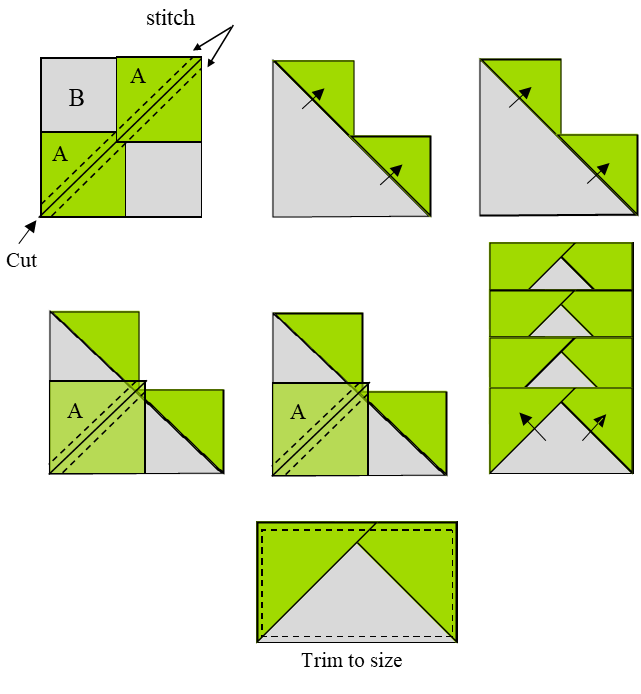 Two methods for oversized flying geese with cutting charts can be found at The Crafty Quilter.