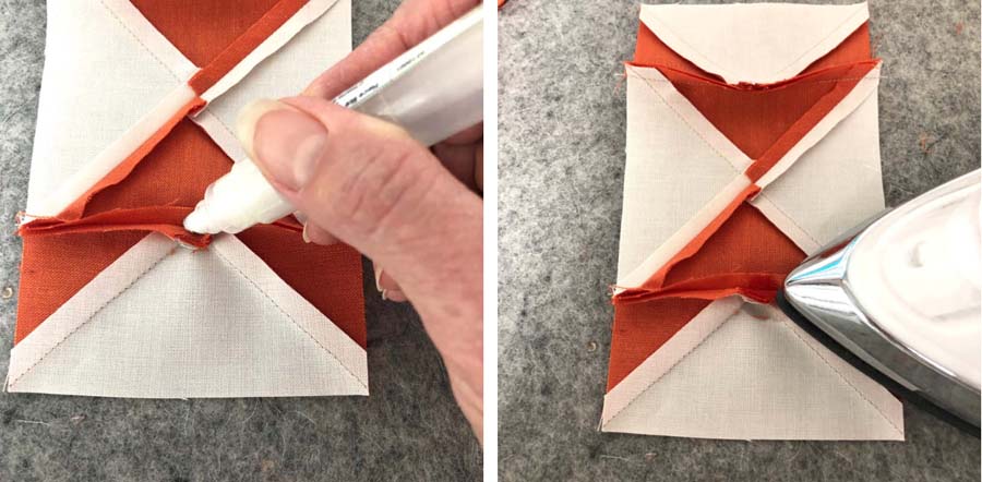Pressing tips for bulky seams include using a pressing pen. See how to press bulky seams flat @ The Crafty Quilter.