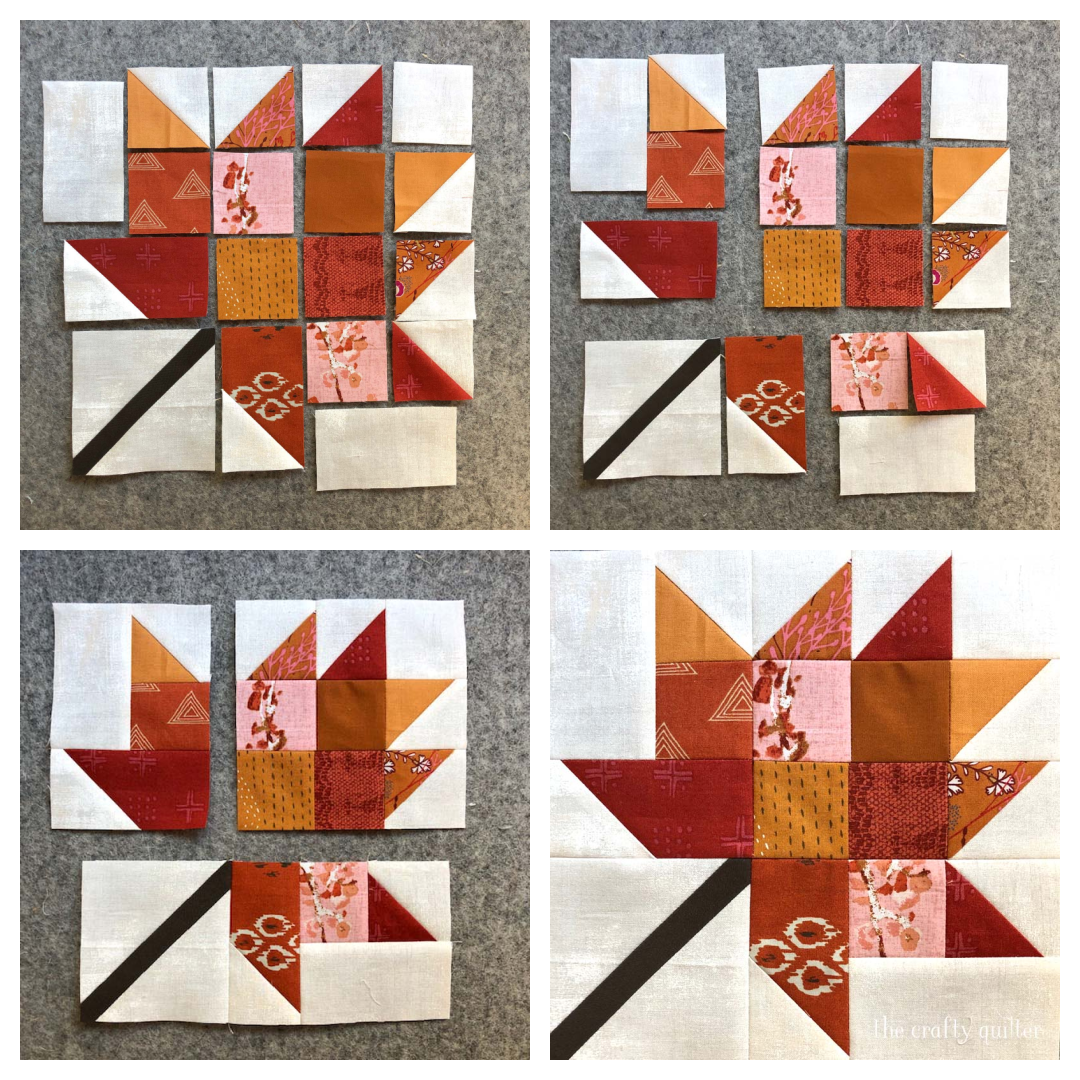 Putting the pieces together for this Scrappy Leaf Block @ The Crafty Quilter.