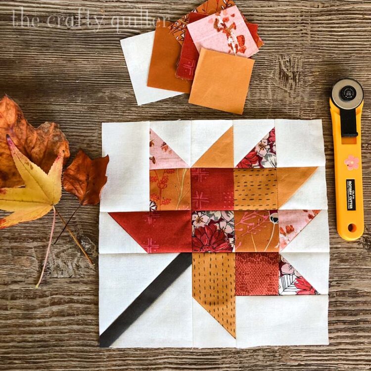 "Scrappy Leaf” is a Free Autumn Quilt Block Pattern designed by Julie Cefalu from The Crafty Quilter!