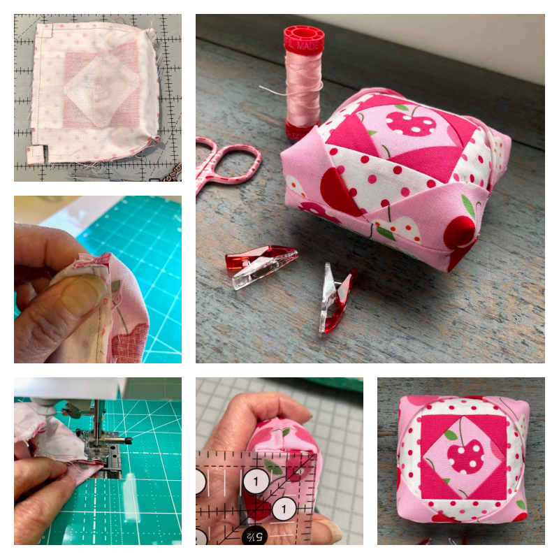 This pincushion has boxed corners using the cut-out corner method. It's really easy!  Full details @ The Crafty Quilter.