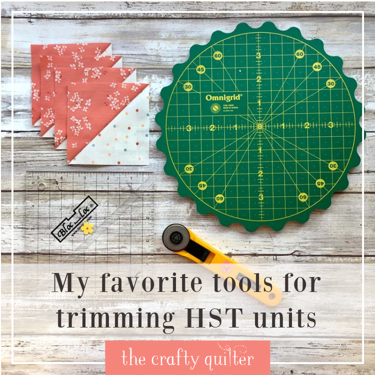 My favorite tools for trimming HST's include the Omnigrid rotating mat with scalloped edges and the Bloc Loc Half-square Triangle Ruler.
