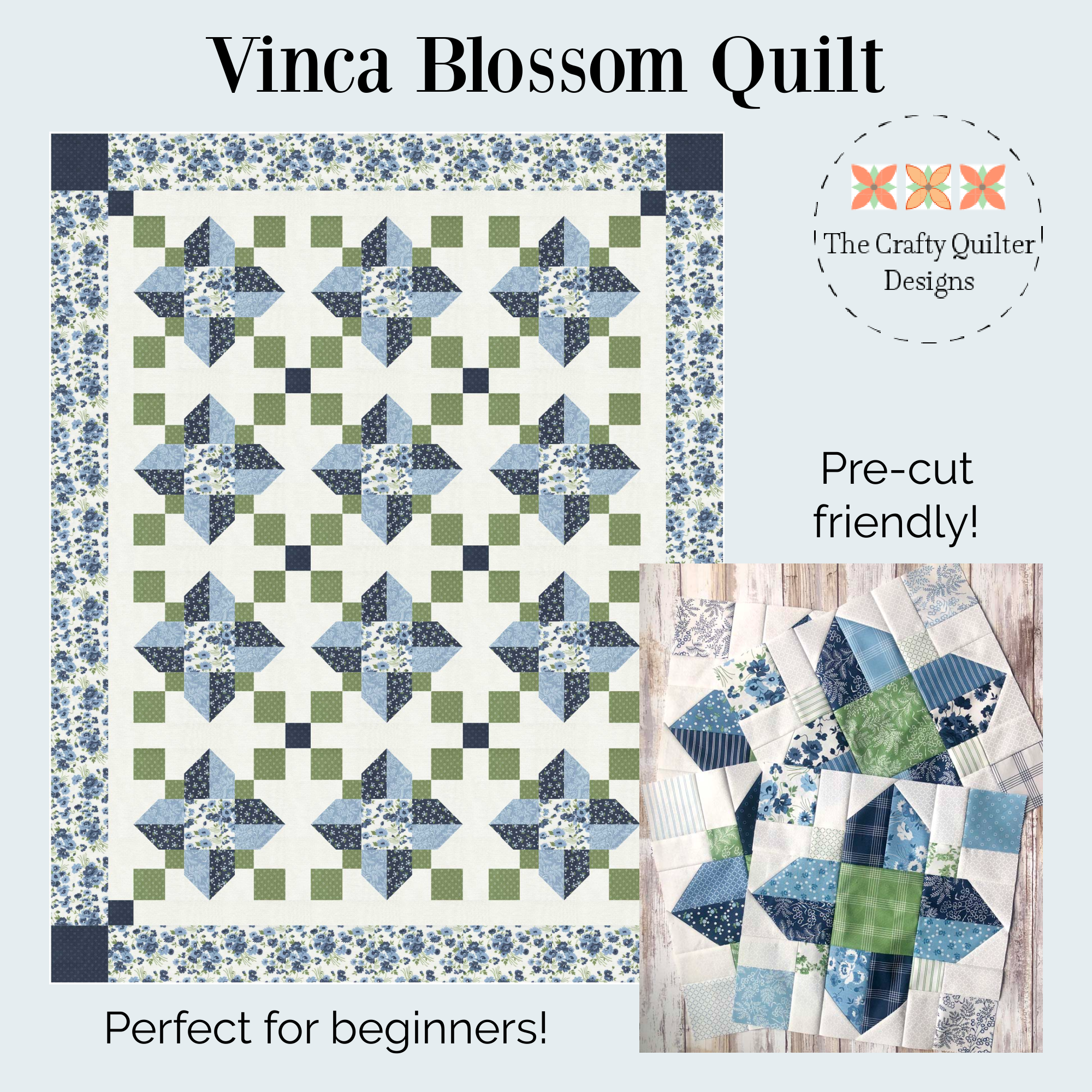 Vinca Blossom quilt pattern is available as a pdf on Etsy at CraftyQuilterDesigns.
It includes four size options, clear instructions and full color diagrams.