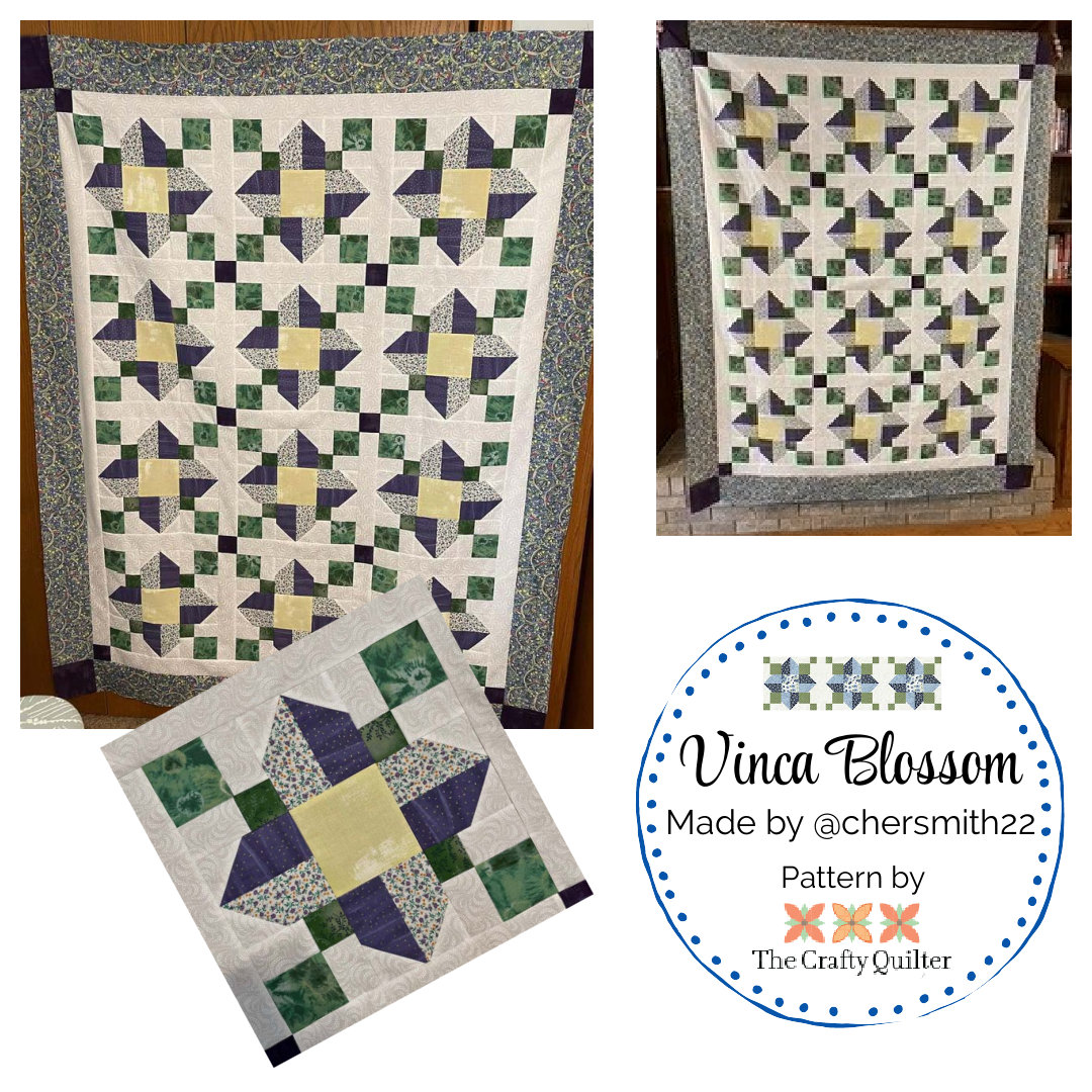 Vinca Blossom quilt, throw size, made by Cheryl @chersmith22. Pattern by Julie Cefalu @ The Crafty Quilter.