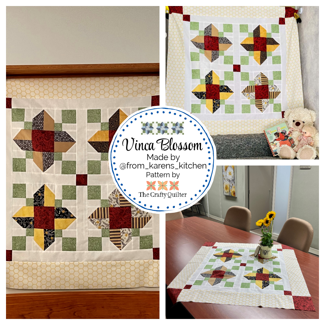 Vinca Blossom quilt, baby size, made by Karen @from_karens_kitchen. Pattern by Julie Cefalu @ The Crafty Quilter.