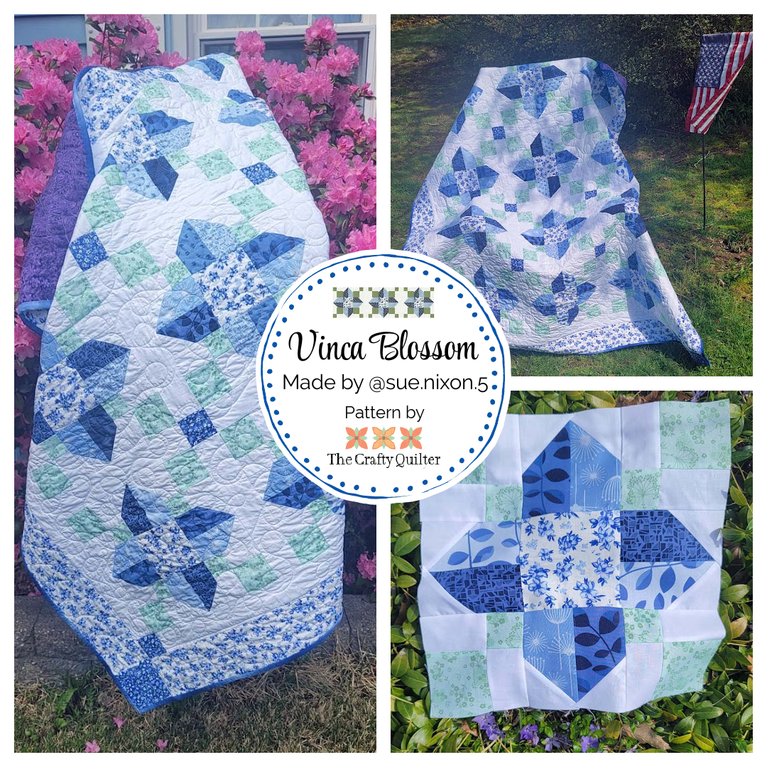 Vinca Blossom quilt, throw size, made by Sue @sue.nixon.5. Pattern by Julie Cefalu @ The Crafty Quilter.