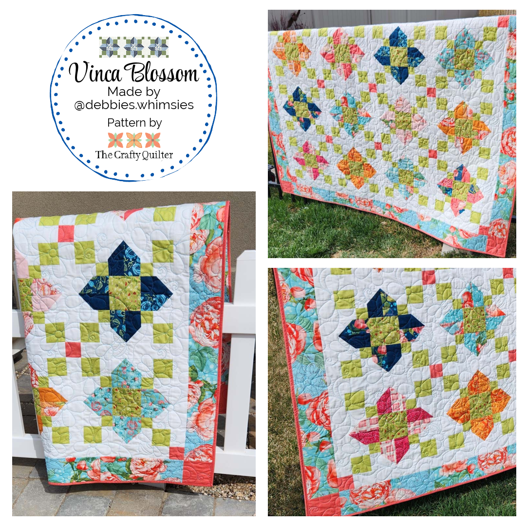 Vinca Blossom quilt, throw size, made by Debbie @debbies.whimsies. Pattern by Julie Cefalu @ The Crafty Quilter.