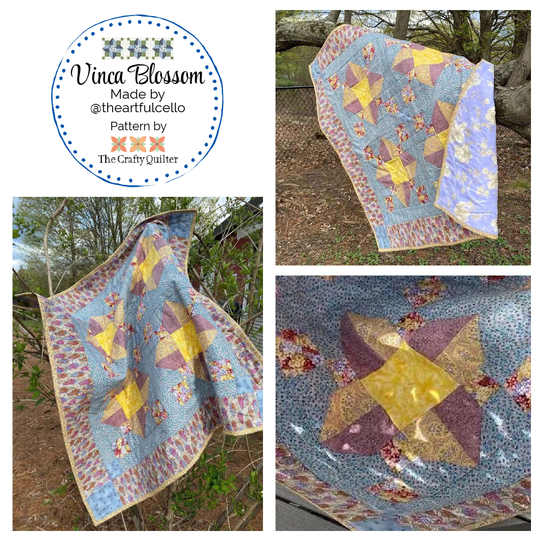 Vinca Blossom quilt, throw size, made by Mary @theartfulcello. Pattern by Julie Cefalu @ The Crafty Quilter.