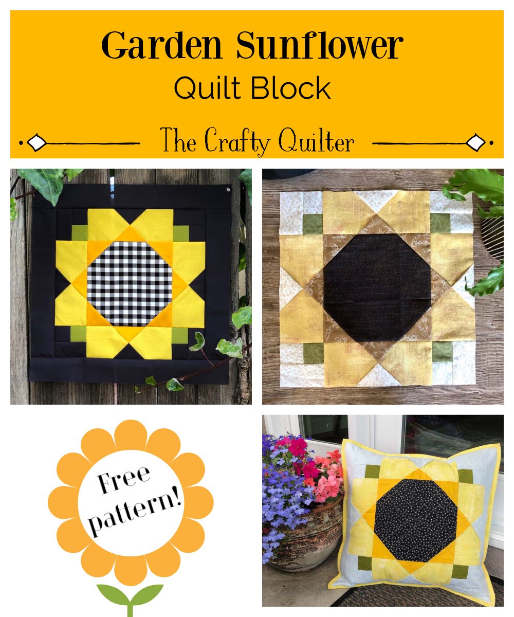 This Free Garden Sunflower Quilt Block pattern from The Crafty Quilter is perfect for summer! It measures 14" (unfinished) and is easy to make with large pieces and some sneaky piecing.