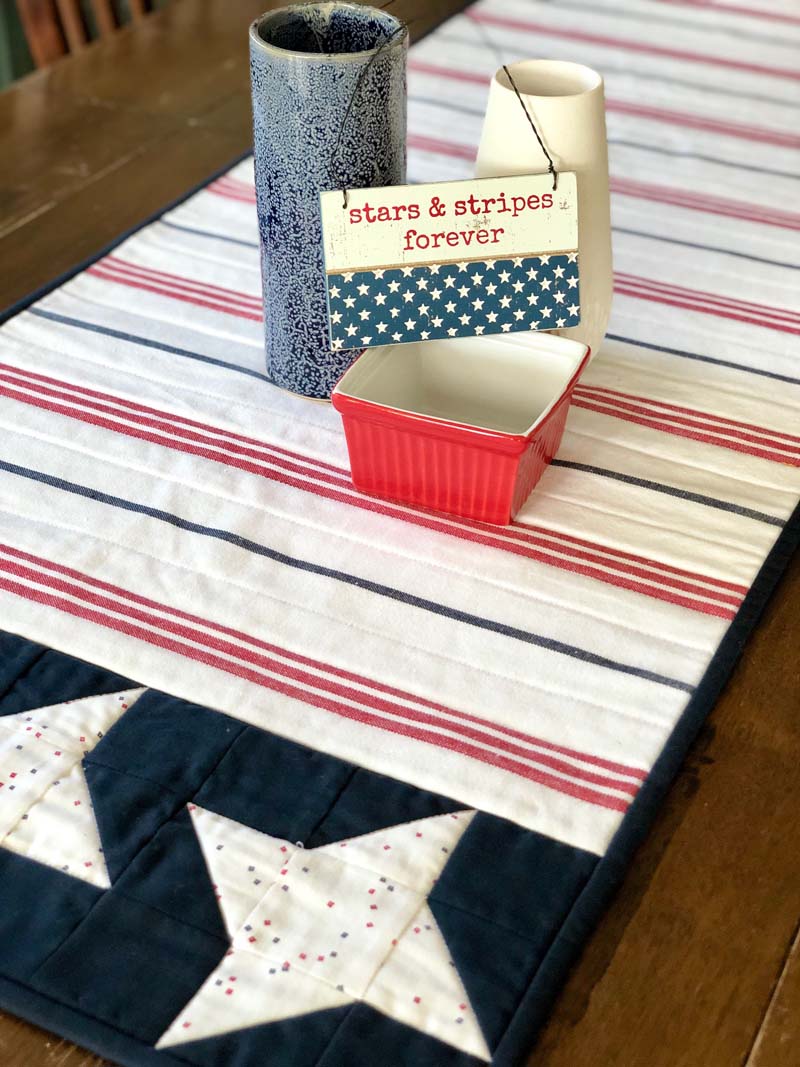 Patriotic table runner made by Cindy Finn, using 60" wide toweling by Moda Fabrics.