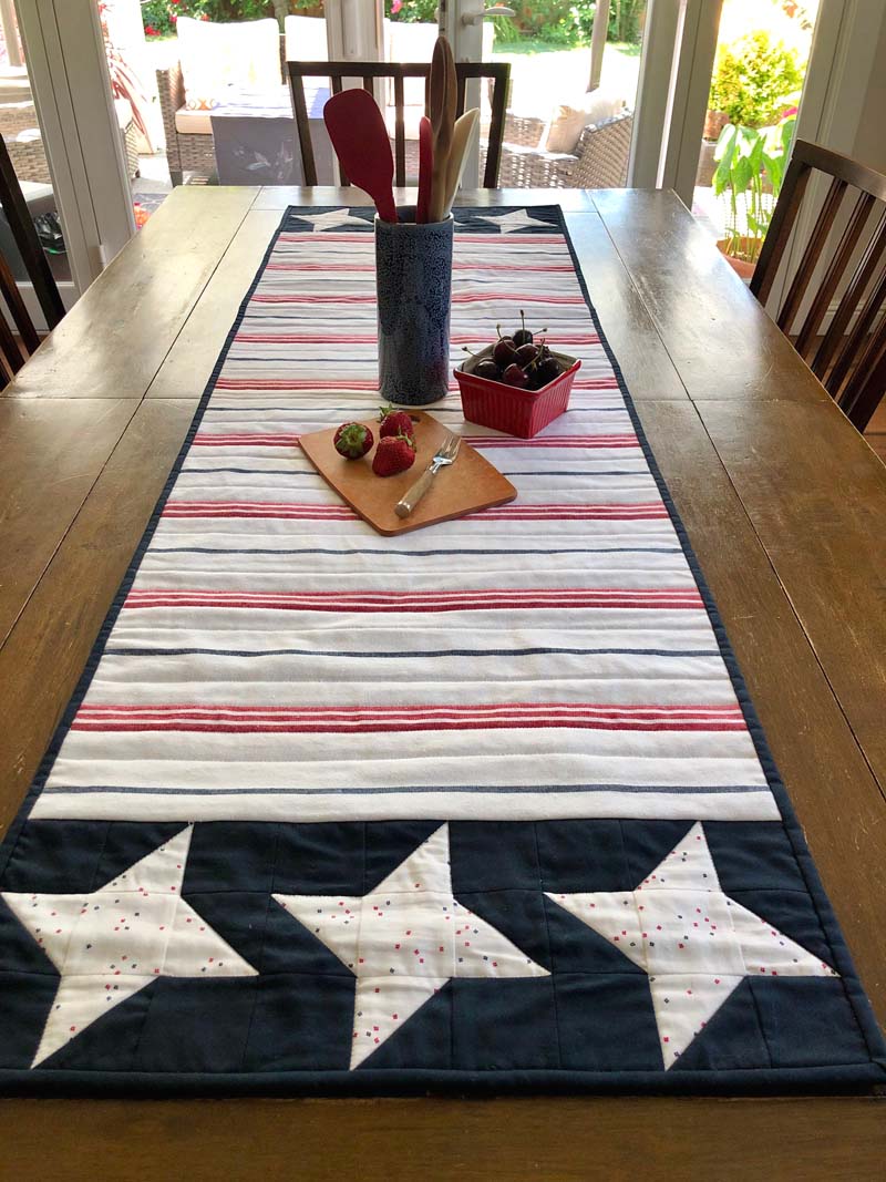 Patriotic table runner made by Cindy Finn, using 60" wide toweling by Moda Fabrics.