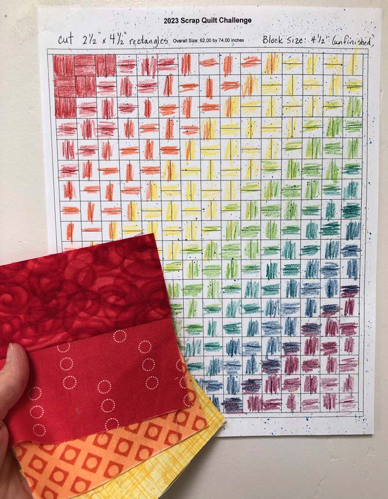 My plan for my 2023 Scrap quilt using leaders and enders in a rainbow of colors.