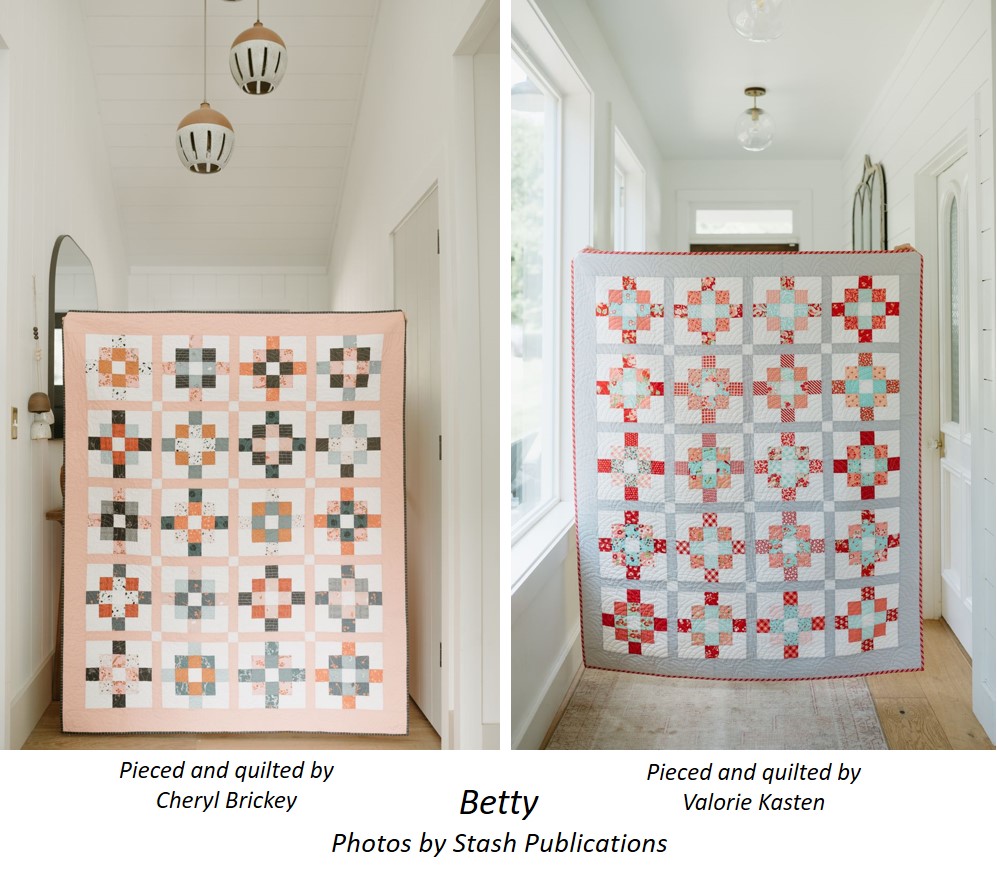 Two colorways are shown of each quilt in the book, Just Two Charm Pack Quilts by Cheryl Brickey.