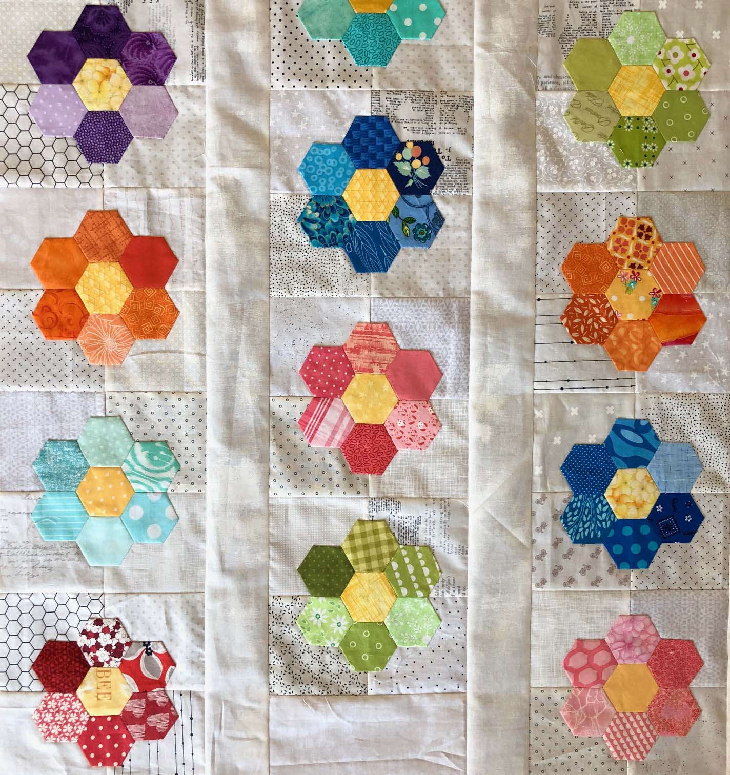 Grandmother's Flower Garden blocks made by Julie @ The Crafty Quilter.  This pattern is Emma's Flower Garden by Sherri McConnell.