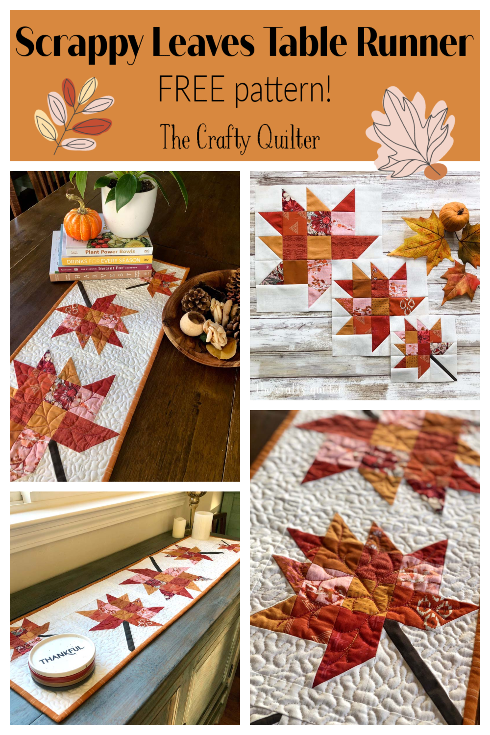 This Scrappy Leaves Table Runner is a free pattern available at The Crafty Quilter.  Perfect for using up small scraps!