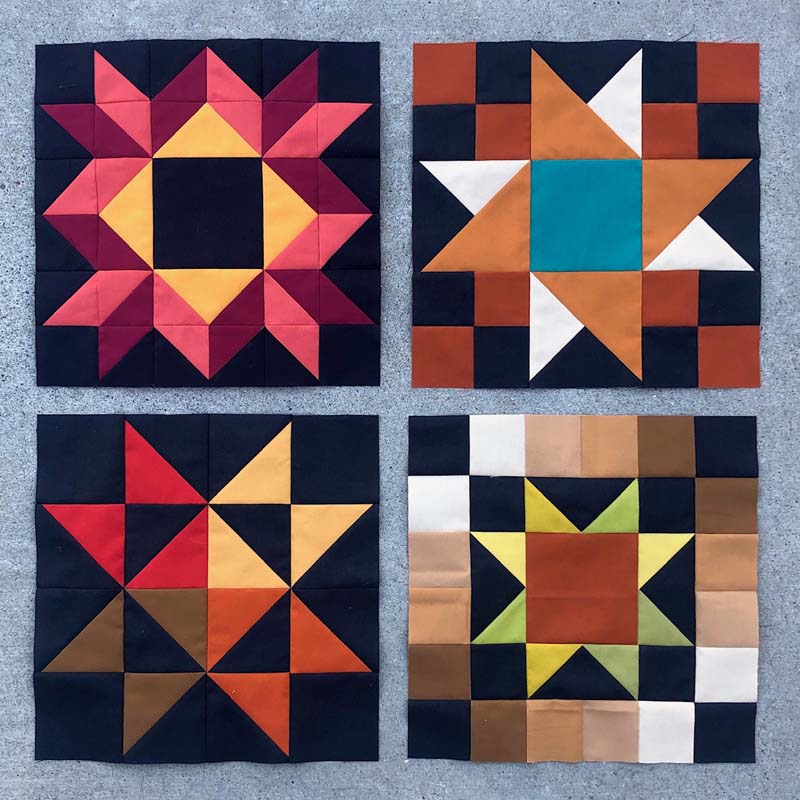 Moda Blockheads 5, the first four blocks, made by Julie Cefalu @ The Crafty Quilter