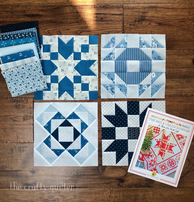 My first four blocks from my current BOM project is the Red & Cream Sampler by Fig Tree Quilts.