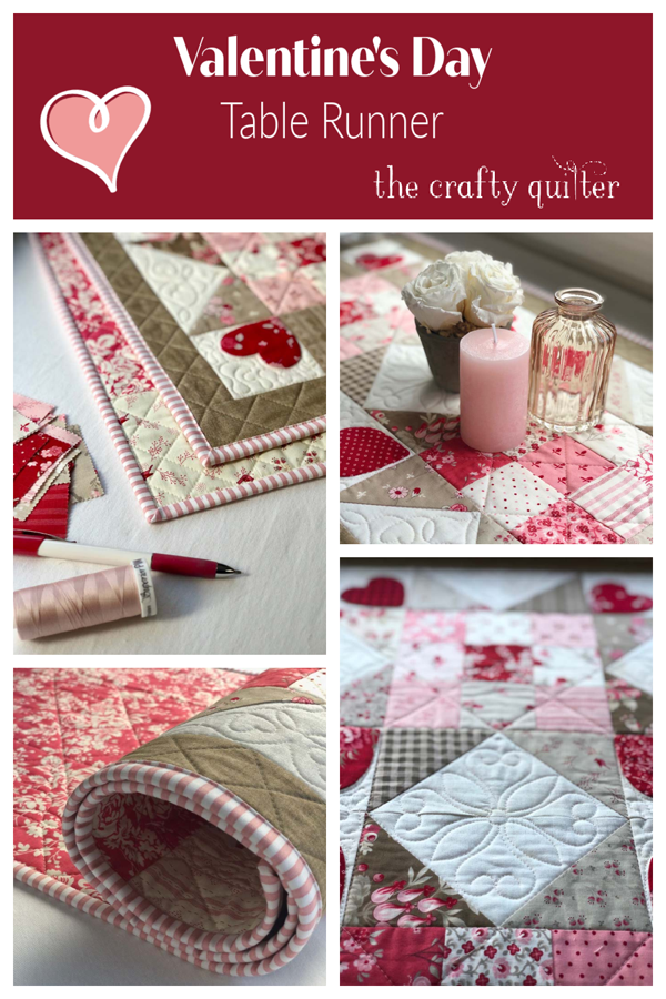 Valentine's Day Table Runner made with four blocks using my Vintage Heart Quilt Block Tutorial @ The Crafty Quilter.