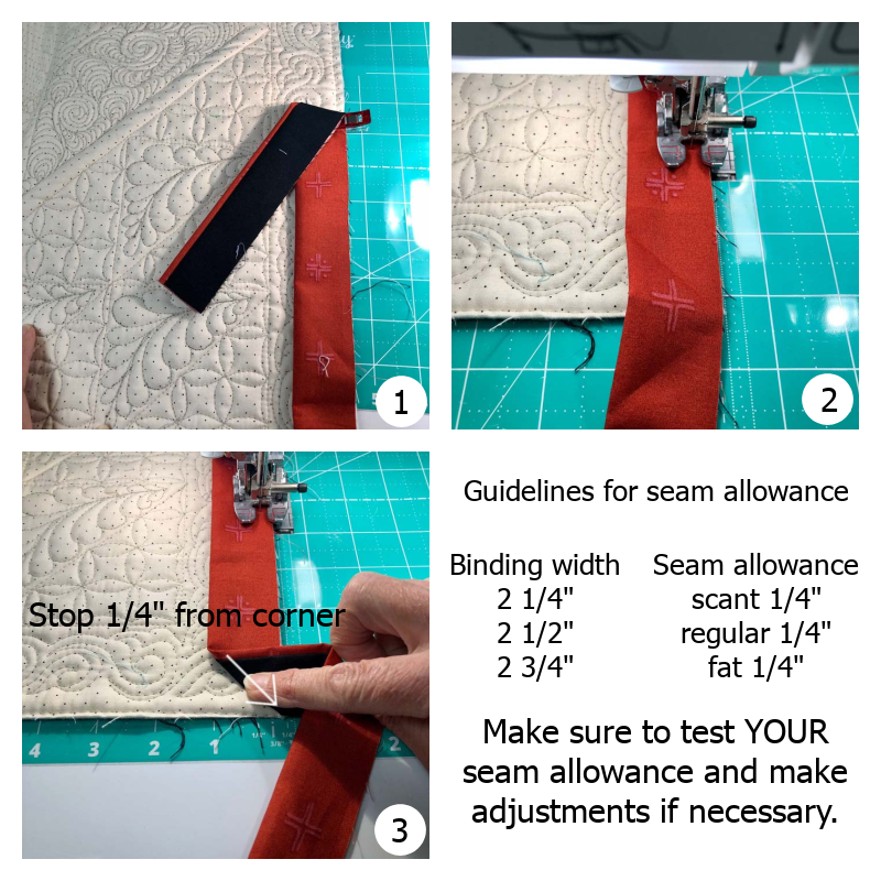 Steps to attach flanged quilt binding include detailed instructions with photos of each step.