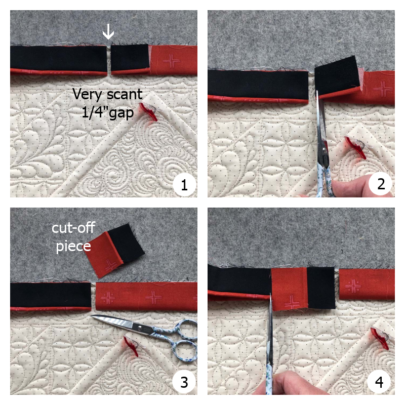 Steps to join binding tails and finish your flanged quilt binding include detailed instructions with photos of each step.