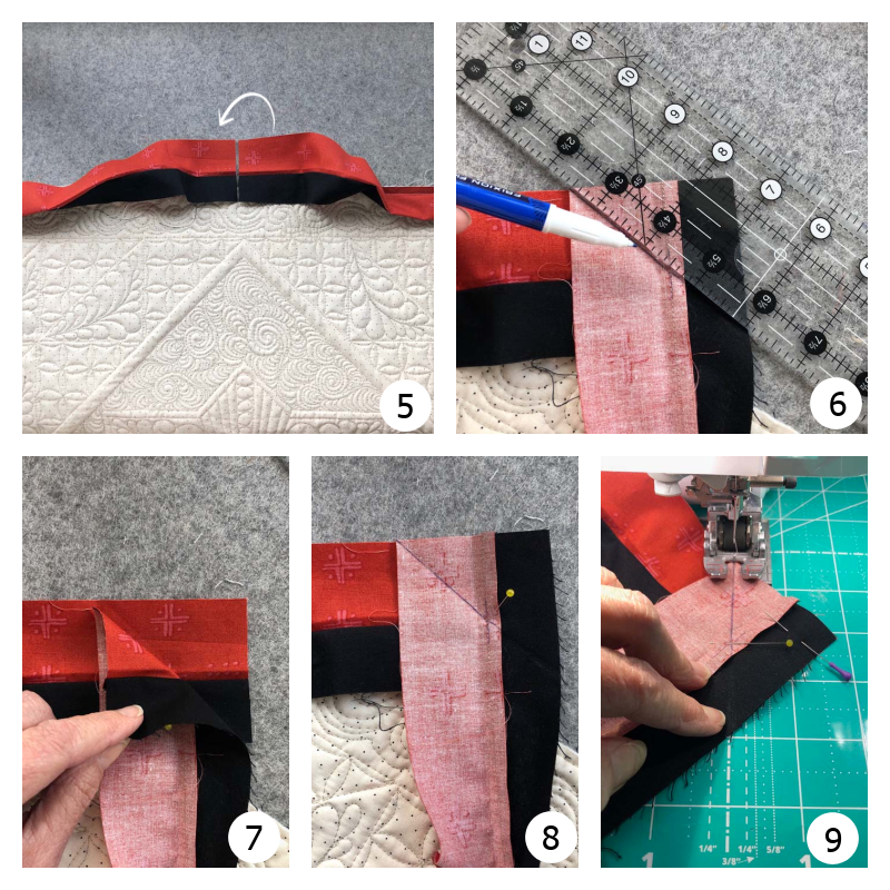 Steps to join binding tails and finish your flanged quilt binding include detailed instructions with photos of each step.