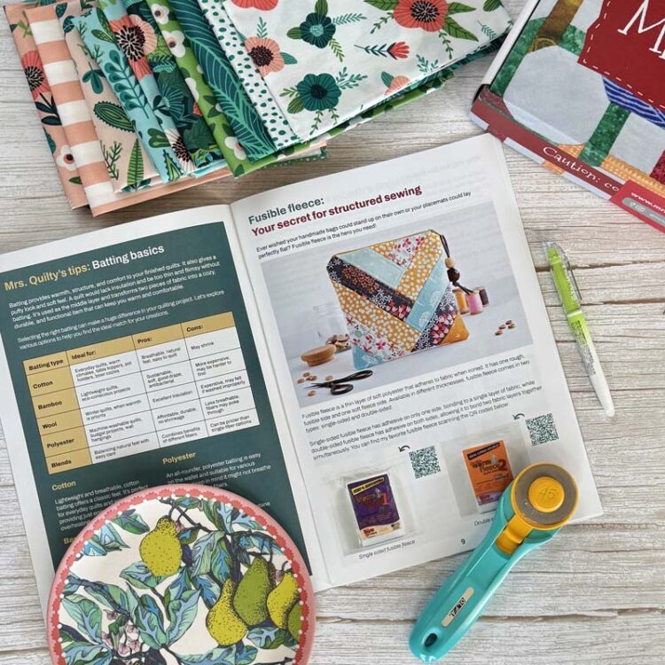 Mrs. Quilty magazine includes 4-5 projects, tips, useful articles, and QR codes that lead to video tutorials.