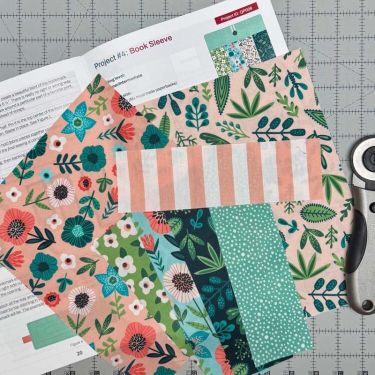 Fabric pieces cut for the booksleeve project in Month 2.