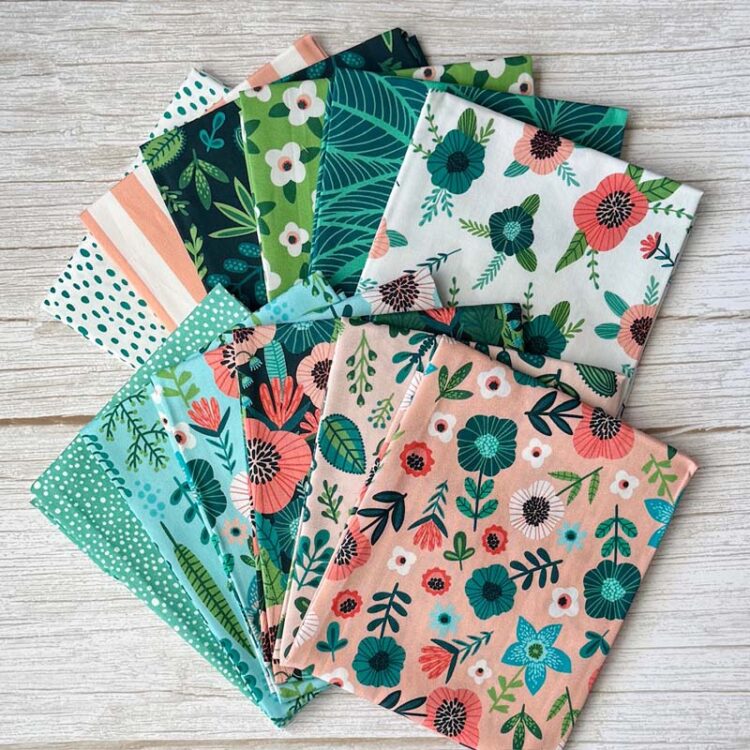 12 fat quarters of 100% high quality cotton fabric included in Mrs. Quilty subscription box. 