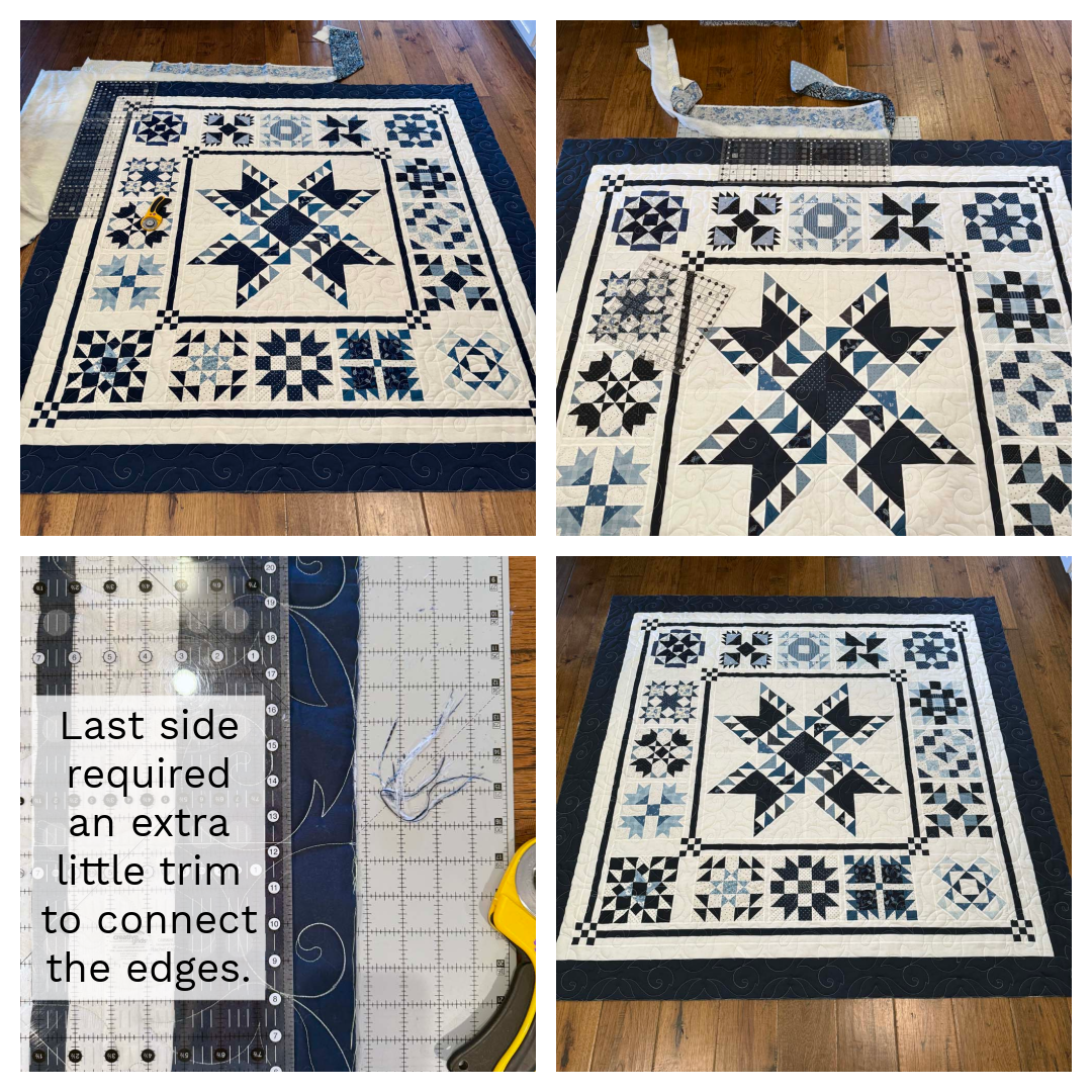 Progress of squaring up a quilt from corner to corner.