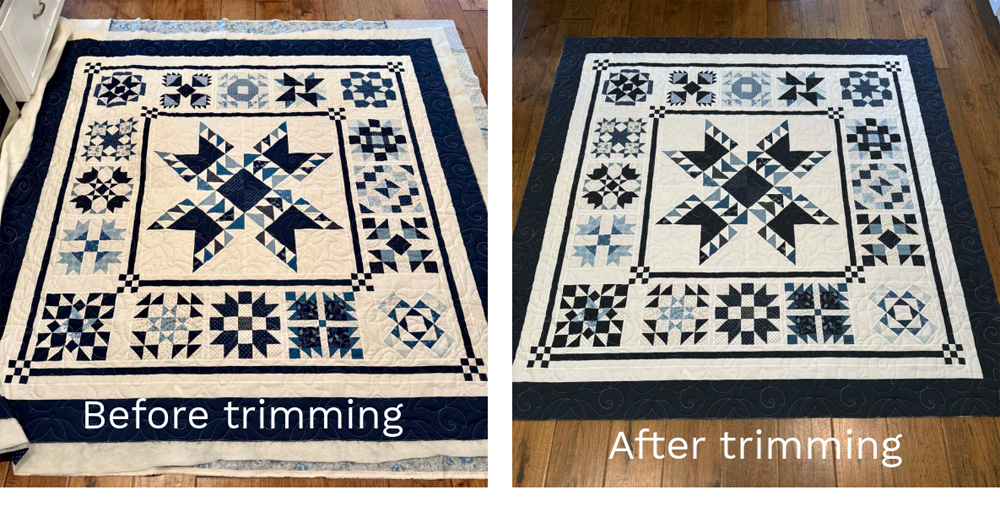 Before and after of a quilt that has been squared up and trimmed.