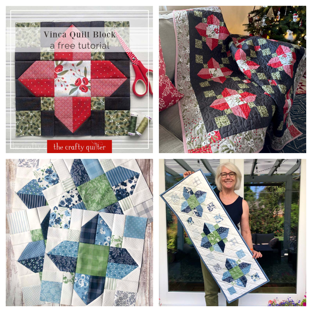 The Vinca Quilt Block tutorial has evolved into a table runner and a full quilt pattern.