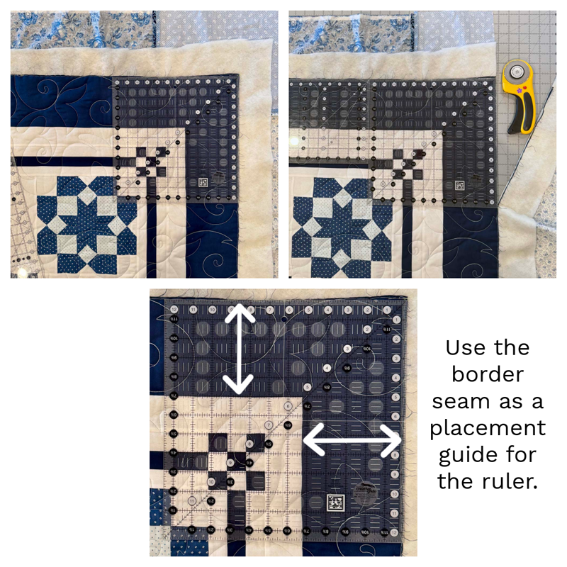 Start by squaring up a corner of the quilt. You can use the border seam as a placement guide for the ruler.